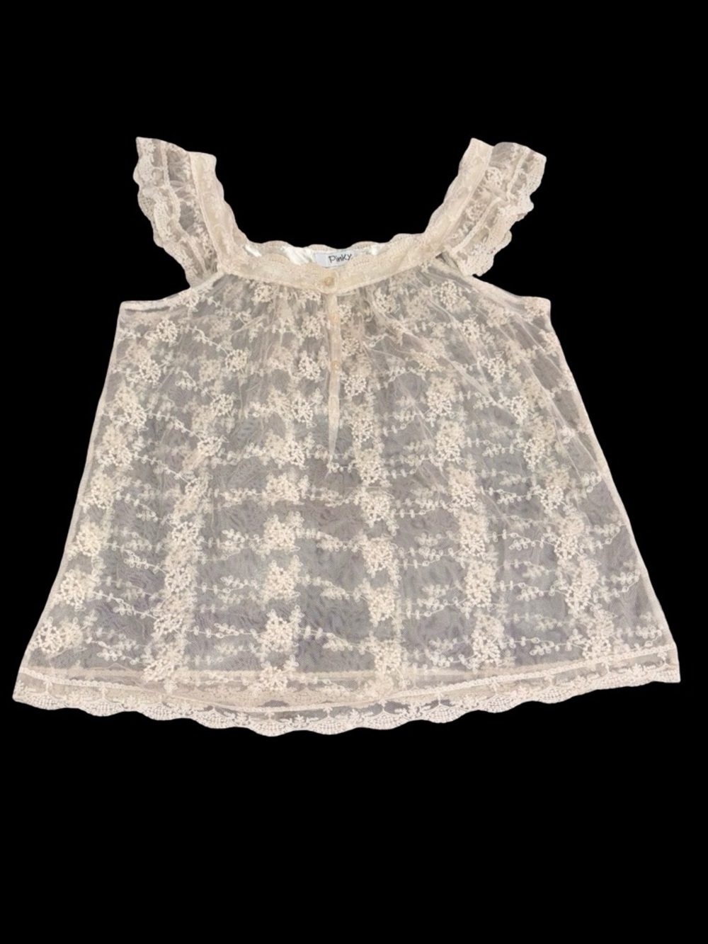 Pinky Lace Sheer Babydoll Top Cream Floral Embroidered Size L